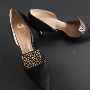 Black velvet with gold top heel shoes, size 7.5